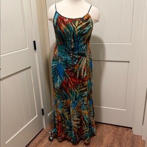 Vintage ROBBIE BEE EUC Sz 16 Spaghetti Strap Dress Abstract Pleated A-line Maxi